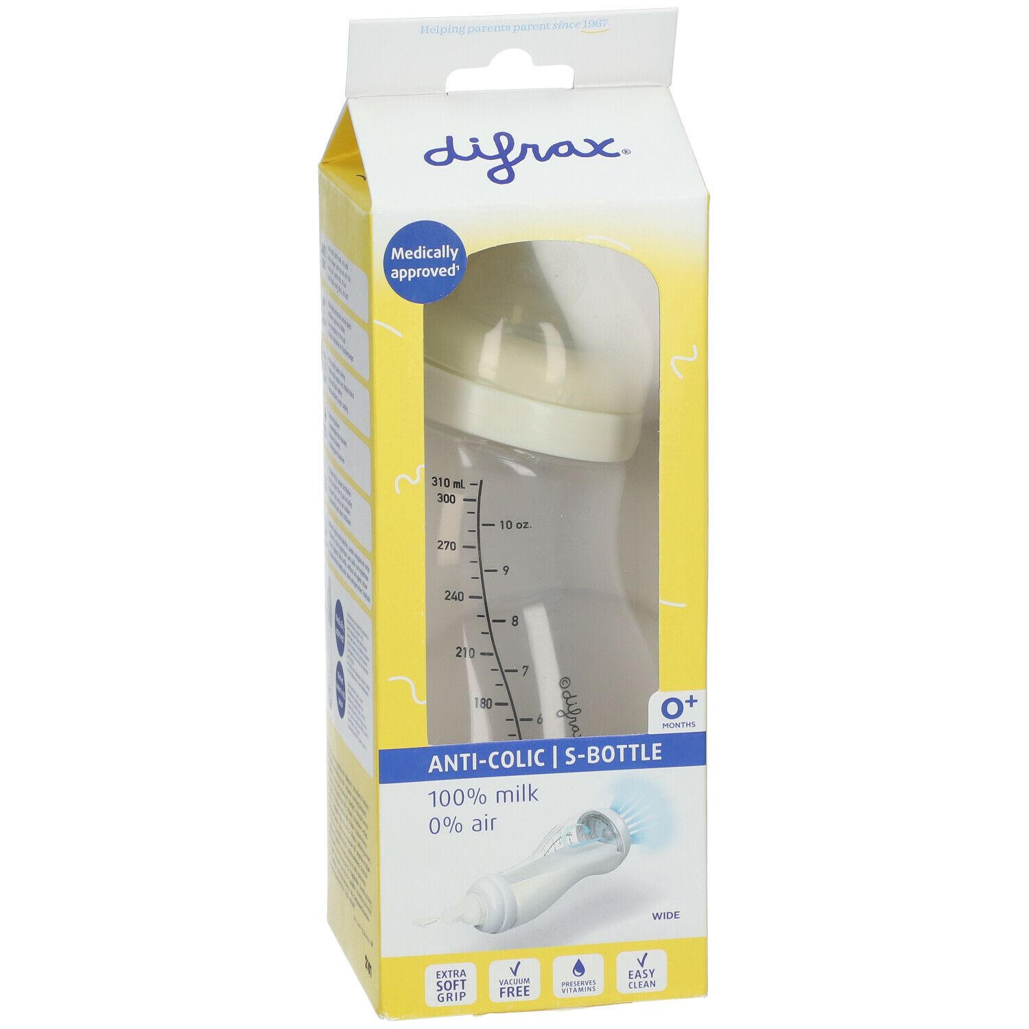 Babyfles in verpakking. Transparante fles met schaalverdeling. Gele speen. Verpakking met productinformatie.