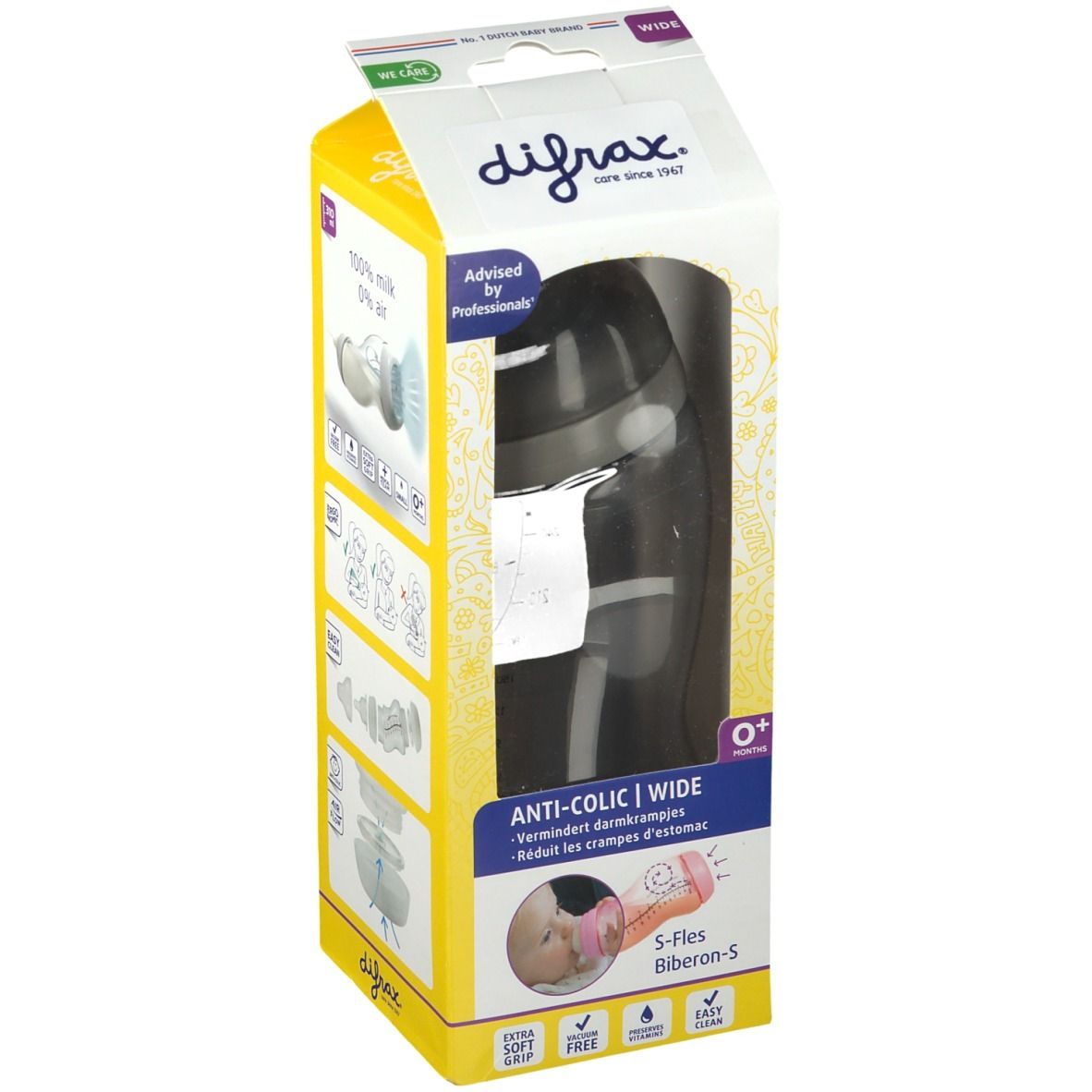 Emballage de biberon anti-colique S Wide. Biberon noir dans une boîte jaune. Texte : Anti-colique, Wide, S-Fles, 0+. Logo : difrax®.