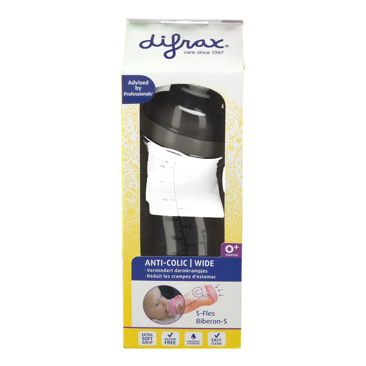 Emballage du biberon S Wide. Biberon noir dans une boîte jaune. Texte : Anti-colique, Wide, S-Fles, 0+. Logo : difrax®.