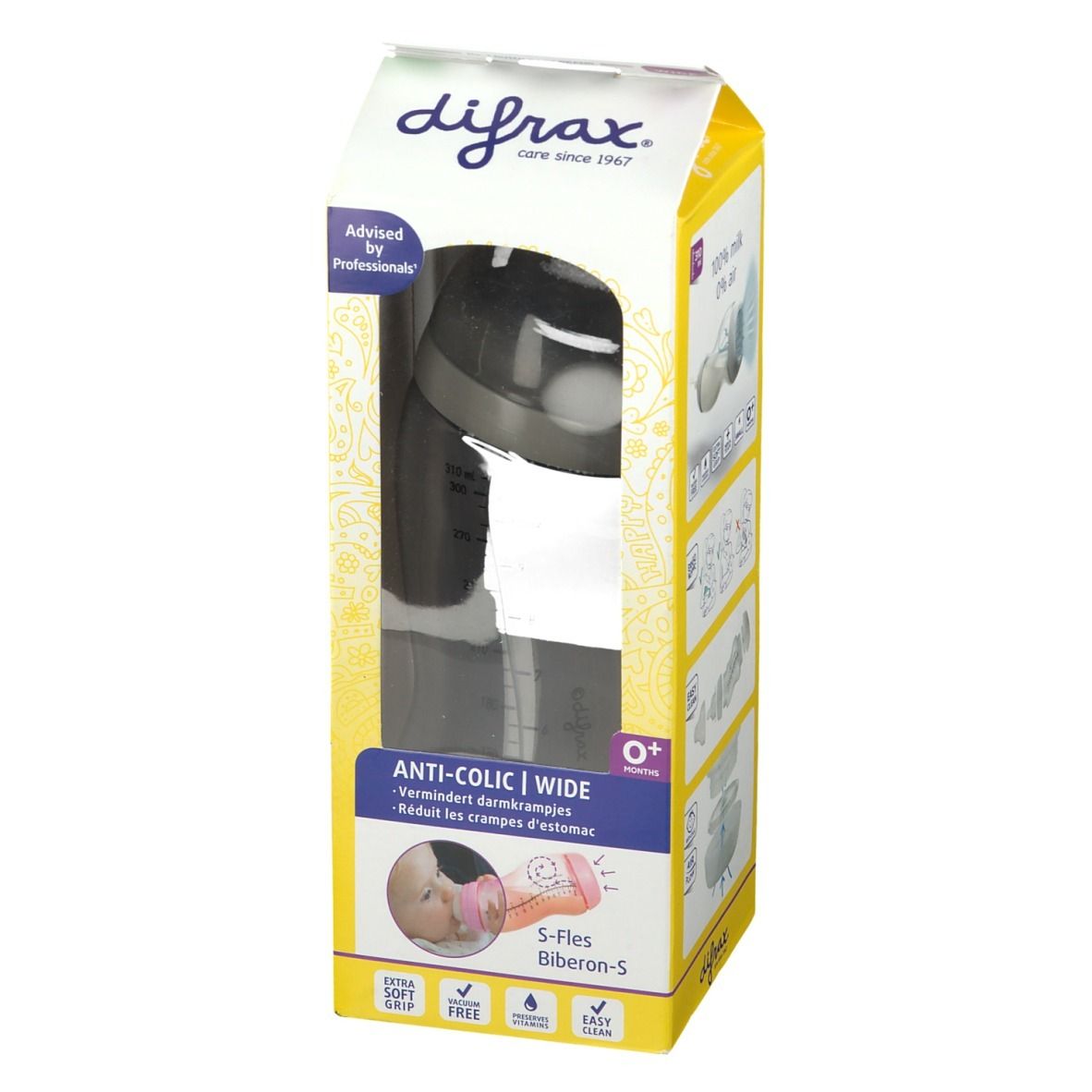 Emballage du biberon S Wide. Biberon noir dans une boîte jaune. Texte : Anti-colique, Wide, S-Fles, 0+. Logo : difrax®.