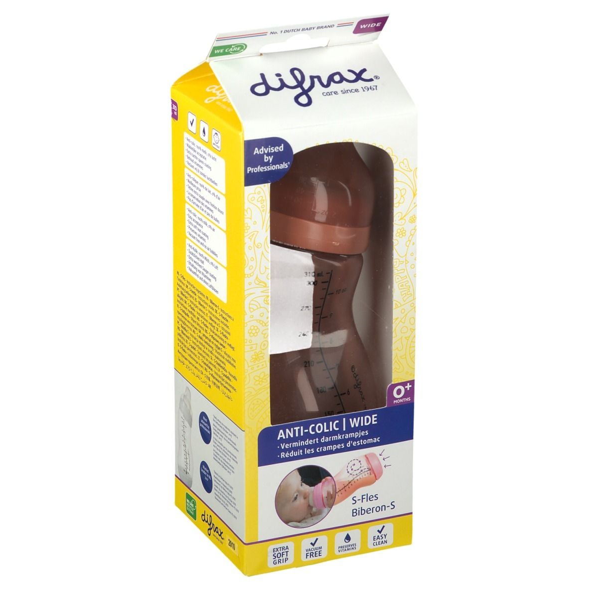 Bruine babyfles in gele verpakking. Met maatschaal en de tekst 'ANTI-COLIC | WIDE'.