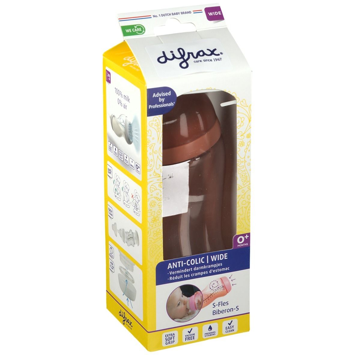 Bruine babyfles in gele verpakking. Met maatschaal en de tekst 'ANTI-COLIC | WIDE'.
