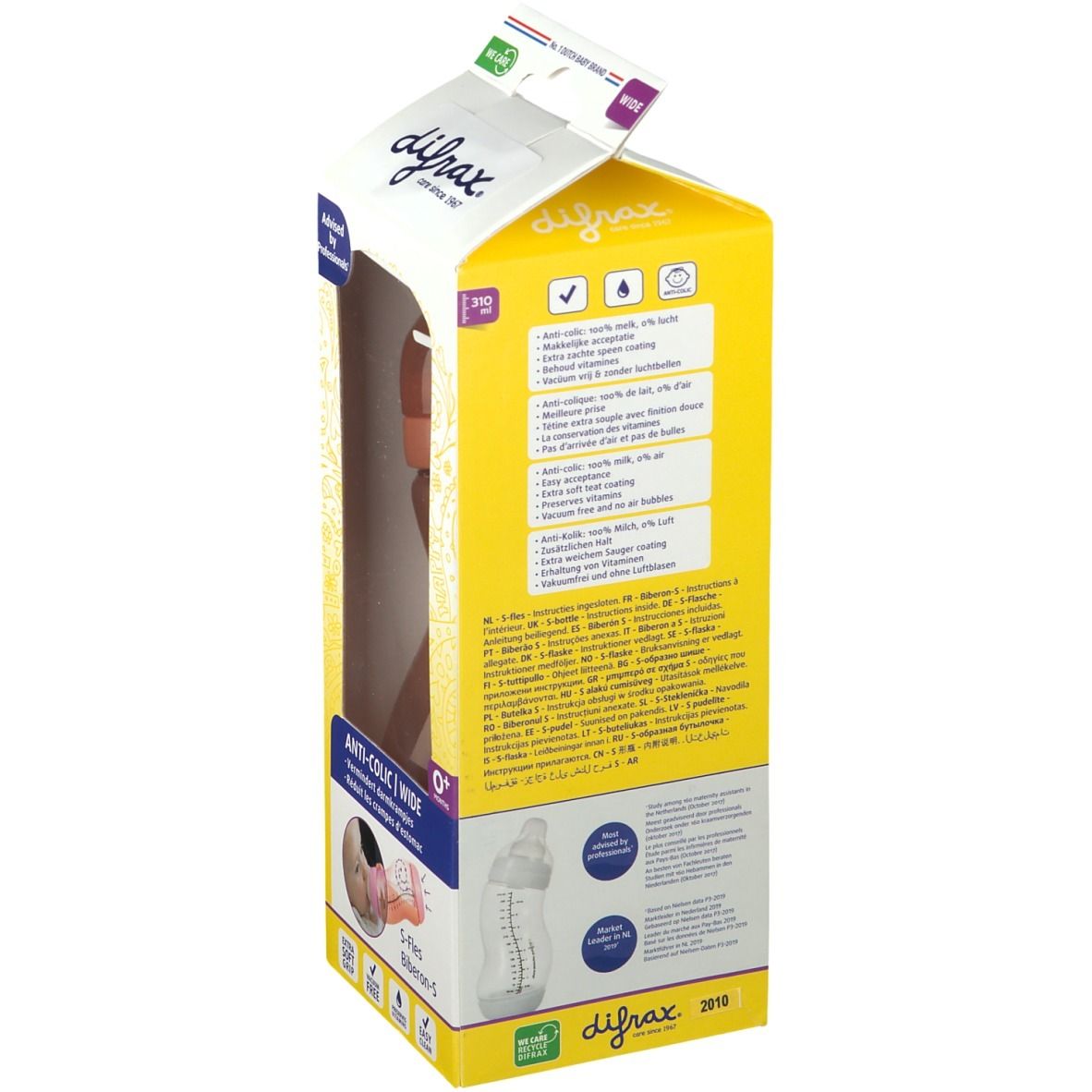 Gele verpakking met babyfles. Achterkant met productinformatie en logo's. Merk: difrax.