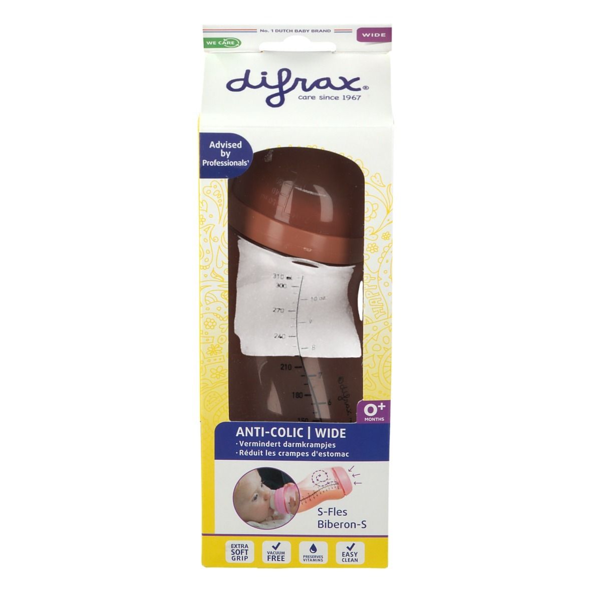Bruine babyfles in gele verpakking. Met maatschaal en de tekst 'ANTI-COLIC | WIDE'.