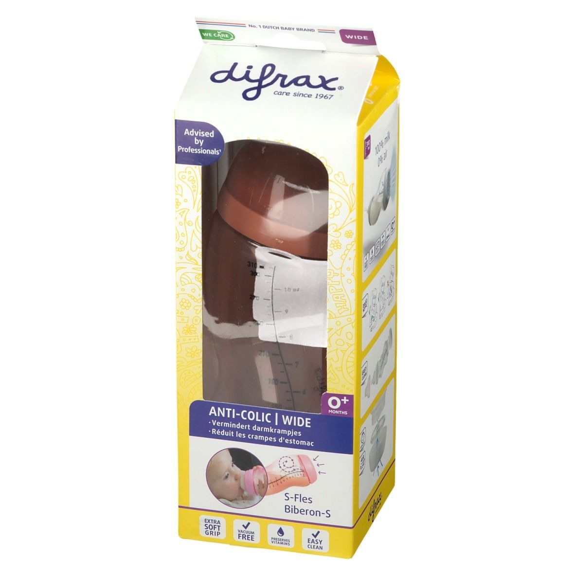 Bruine babyfles in gele verpakking. Met maatschaal en de tekst 'ANTI-COLIC | WIDE'.
