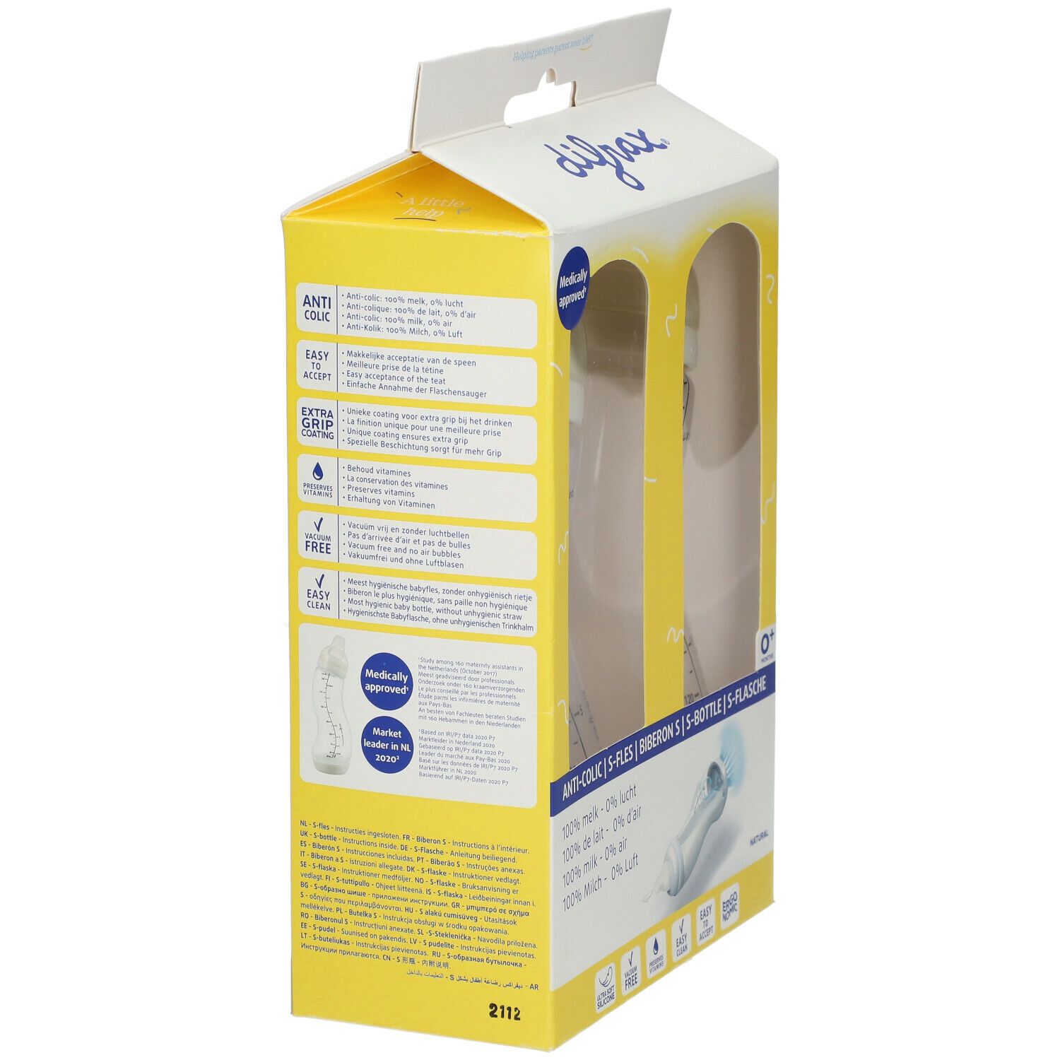 Achterkant van de verpakking met twee babyflessen. Tekst: Anti-koliek, gemakkelijk schoon te maken, BPA-vrij. Illustratie: fles met borstel.
