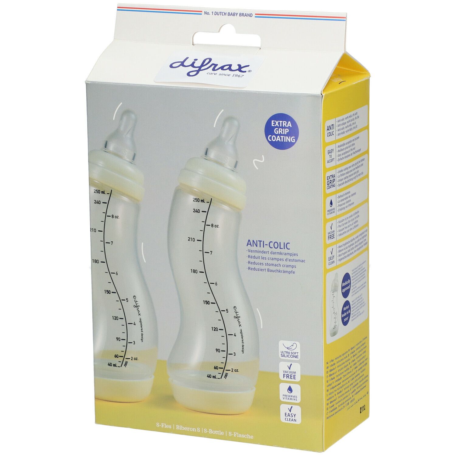 Verpakking met twee babyflessen. Zichtbaar: schaalverdeling, speen, gele deksel. Opschrift: difrax, Anti-koliek, Extra Grip.