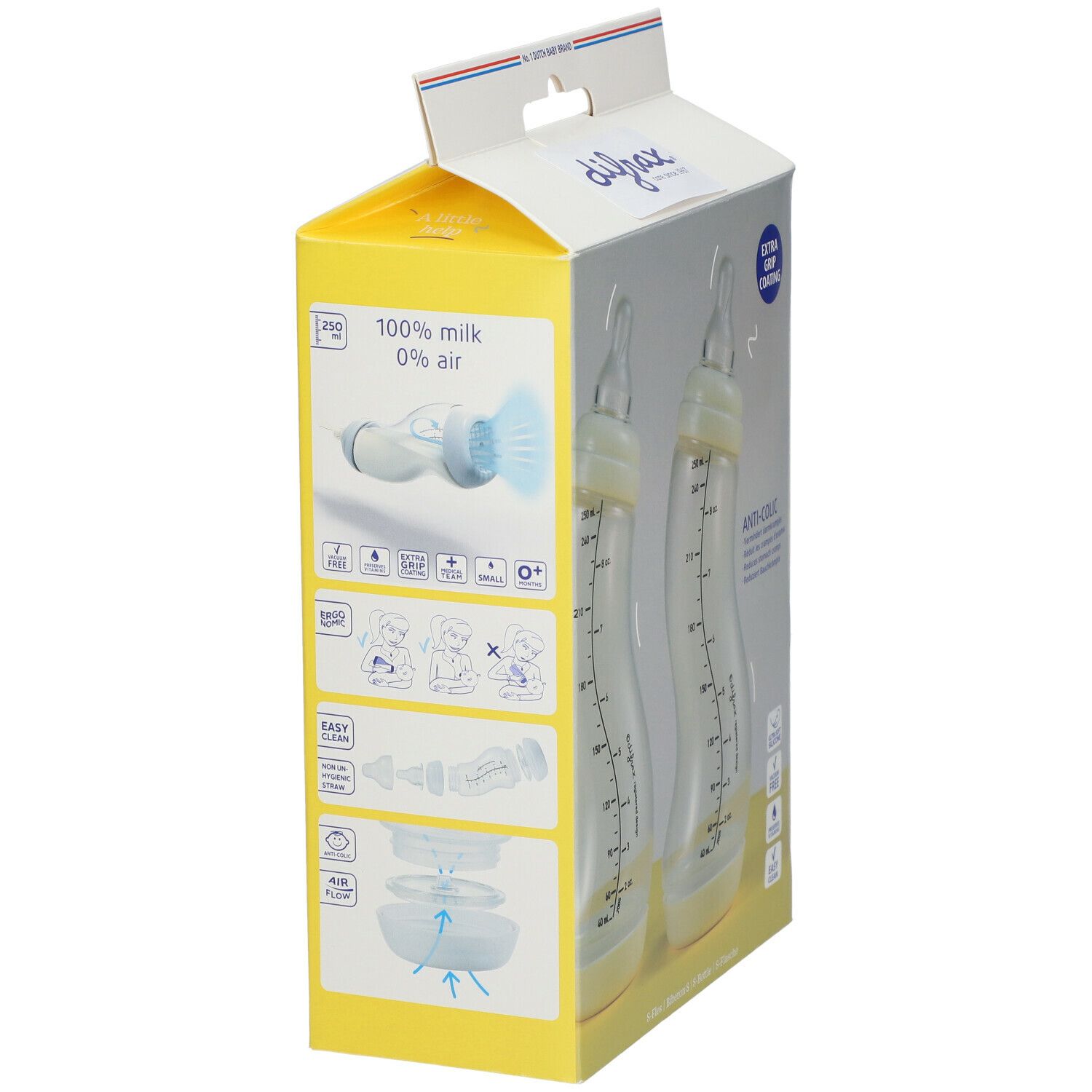 Achterkant van de verpakking met twee babyflessen. Illustraties: flessen, accessoires. Tekst: 100% melk, 0% lucht, gemakkelijk schoon te maken.