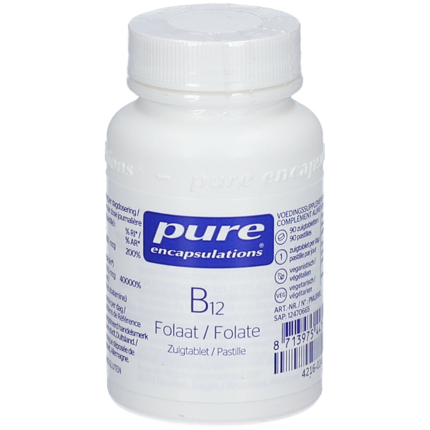 Weiße Flasche mit "pure encapsulations" und "B12 Folat". Enthält 90 Pastillen. Vegan und vegetarisch.