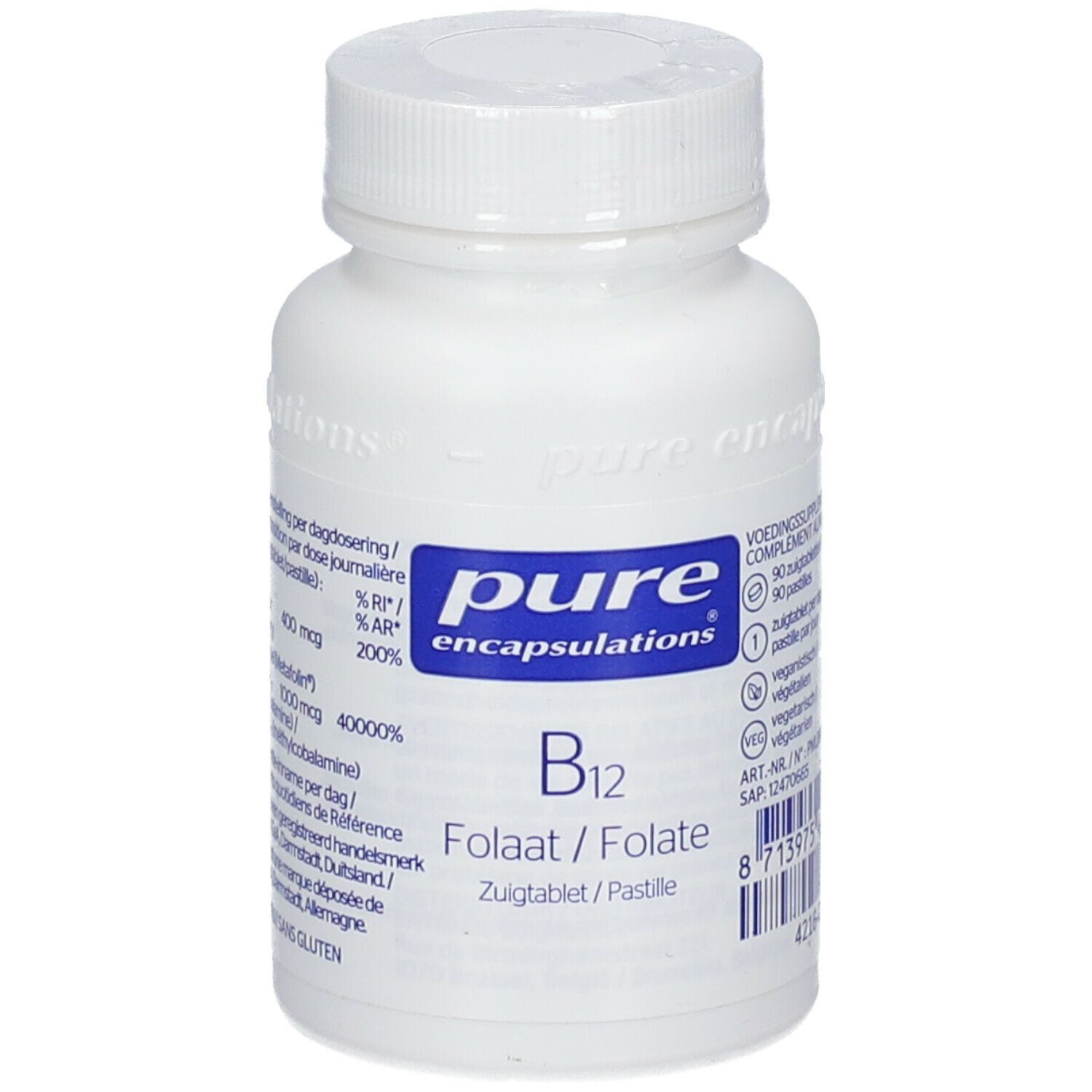 Weiße Flasche mit "pure encapsulations" und "B12 Folat". Enthält 90 Pastillen. Vegan und vegetarisch.