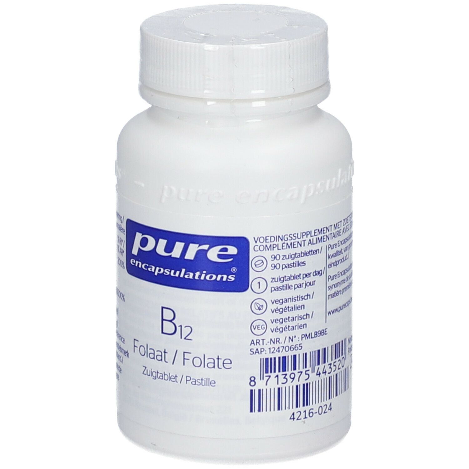 Weiße Flasche mit "pure encapsulations" und "B12 Folat". Enthält 90 Pastillen. Vegan und vegetarisch.
