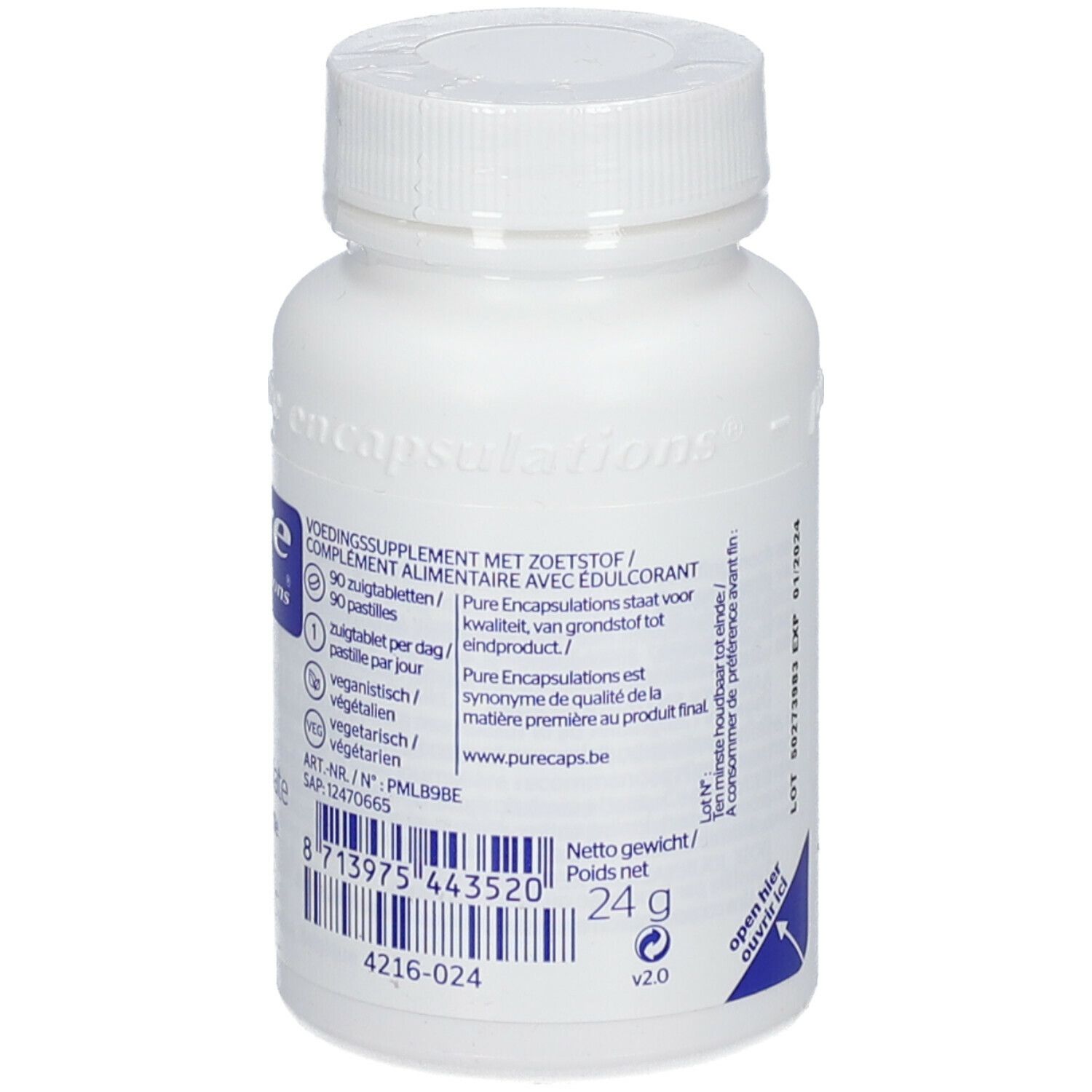 Weiße Flasche mit "pure encapsulations" und "B12 Folat". Enthält 90 Pastillen. Vegan und vegetarisch. Nettogewicht 24g.