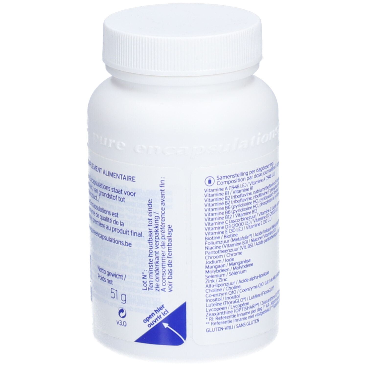 Achterkant van de witte fles. Bevat informatie over de samenstelling en de houdbaarheidsdatum.