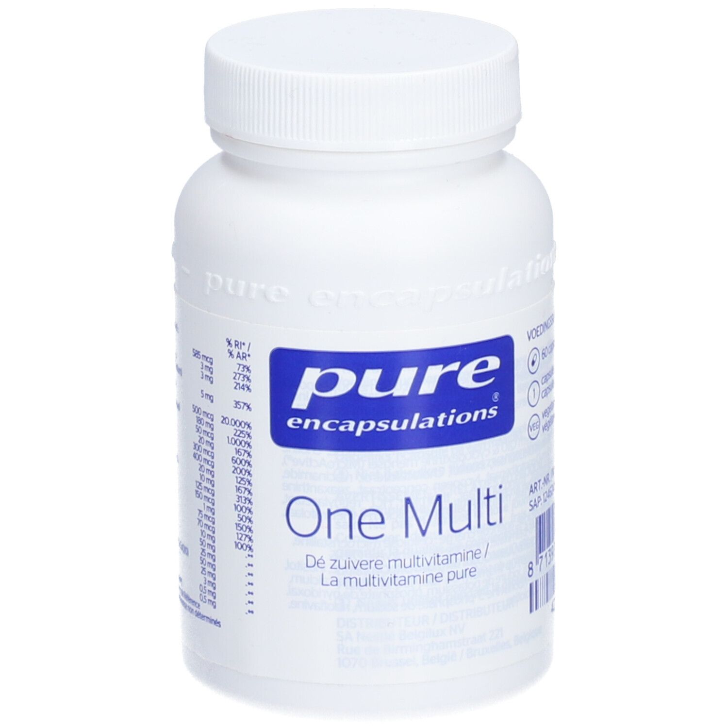 Witte fles met blauw etiket. Opschrift: pure encapsulations® One Multi. Bevat voedingswaarde-informatie.