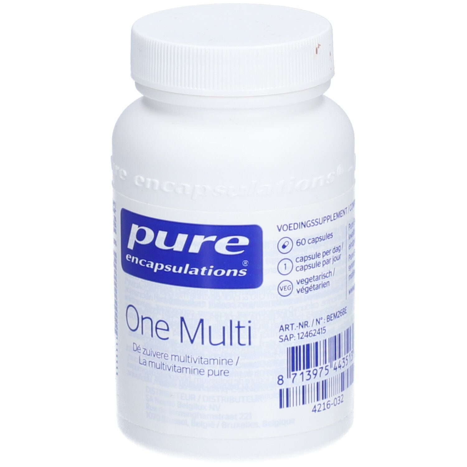 Witte fles met blauw etiket. Opschrift: pure encapsulations® One Multi. Bevat 60 capsules.