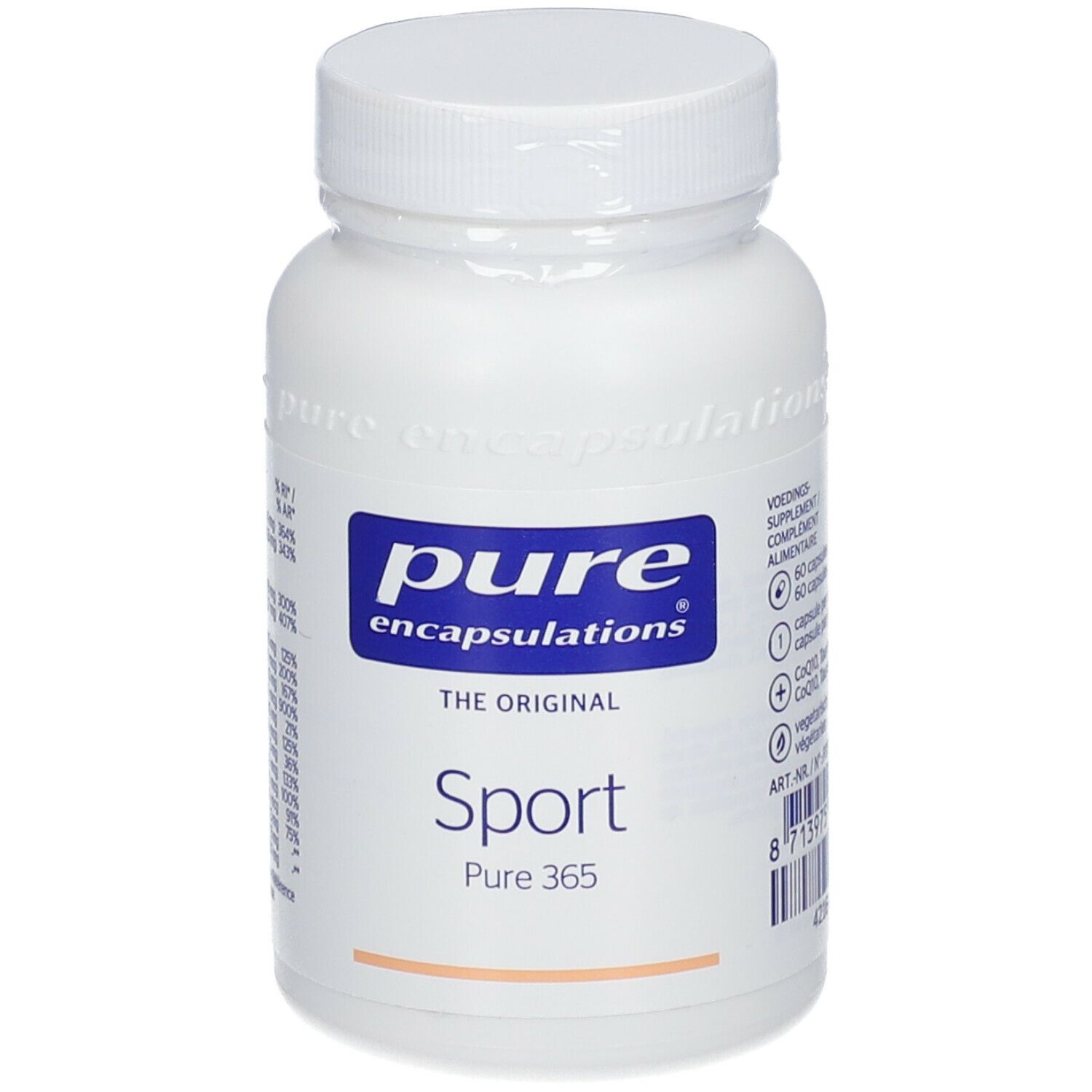 Witte fles met blauw etiket. Opschrift: pure encapsulations, Sport, Pure 365. Witte dop.