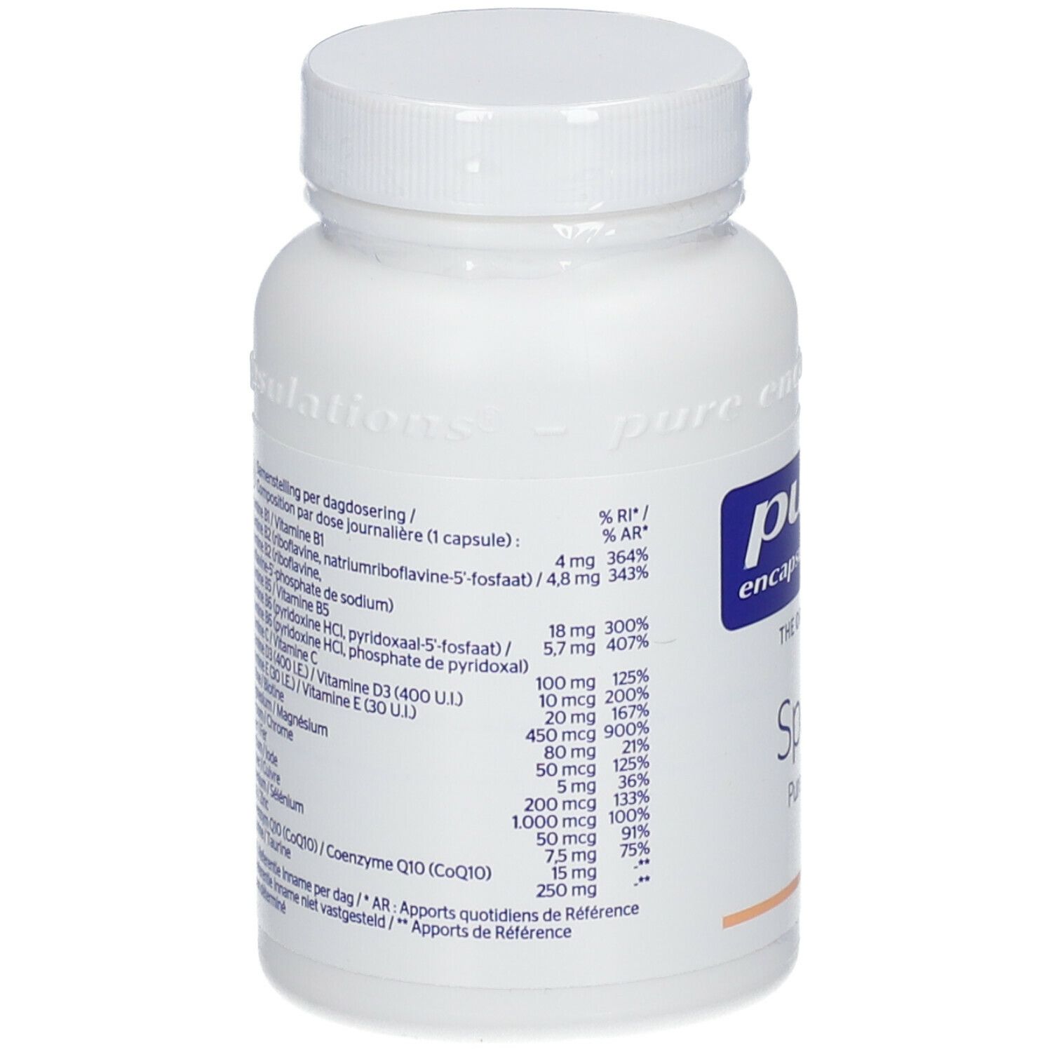 Achterkant van de witte fles. Lijst van ingrediënten per capsule. Percentages. Tekst in het Nederlands.