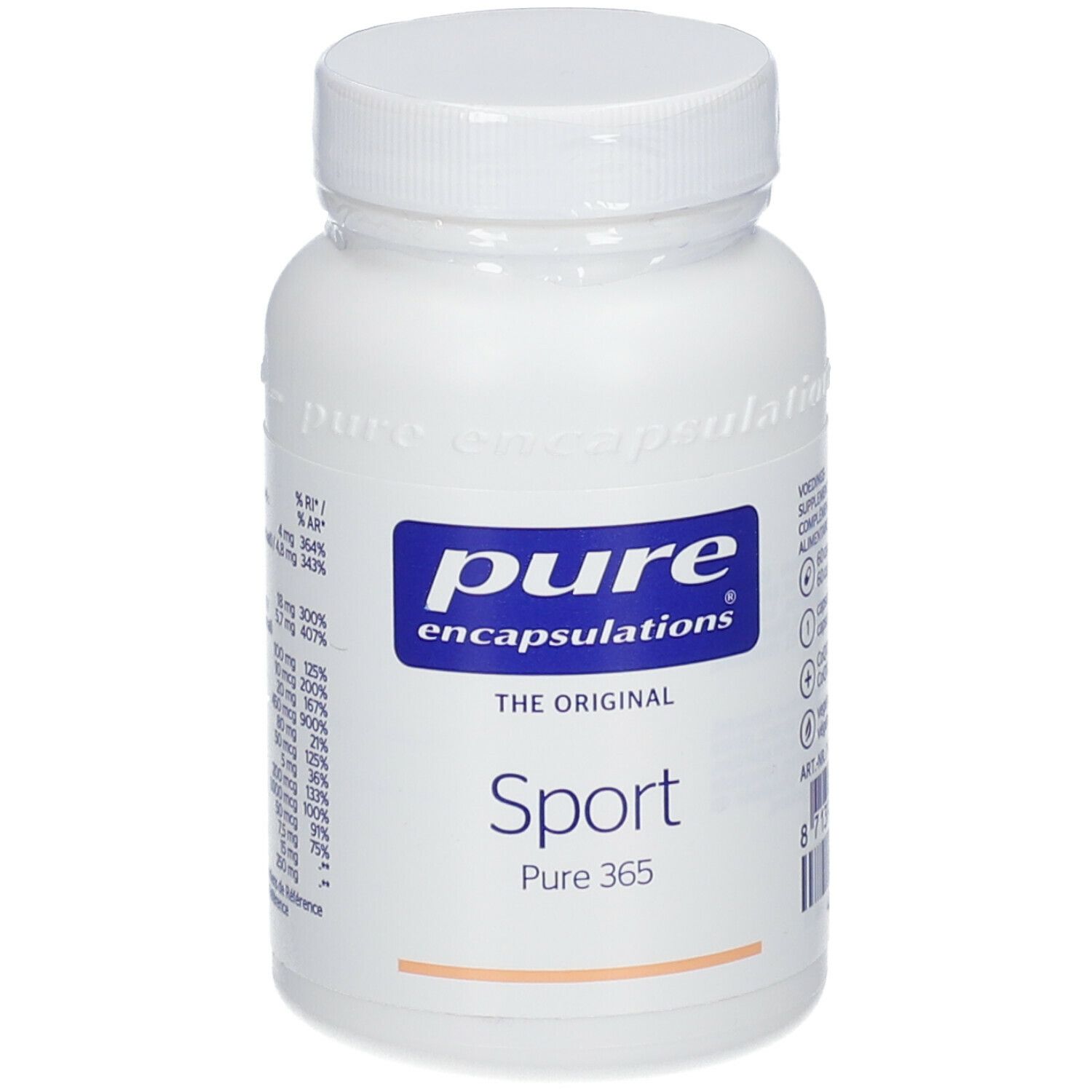 Witte fles met blauw etiket. Opschrift: pure encapsulations, Sport, Pure 365. Witte dop.