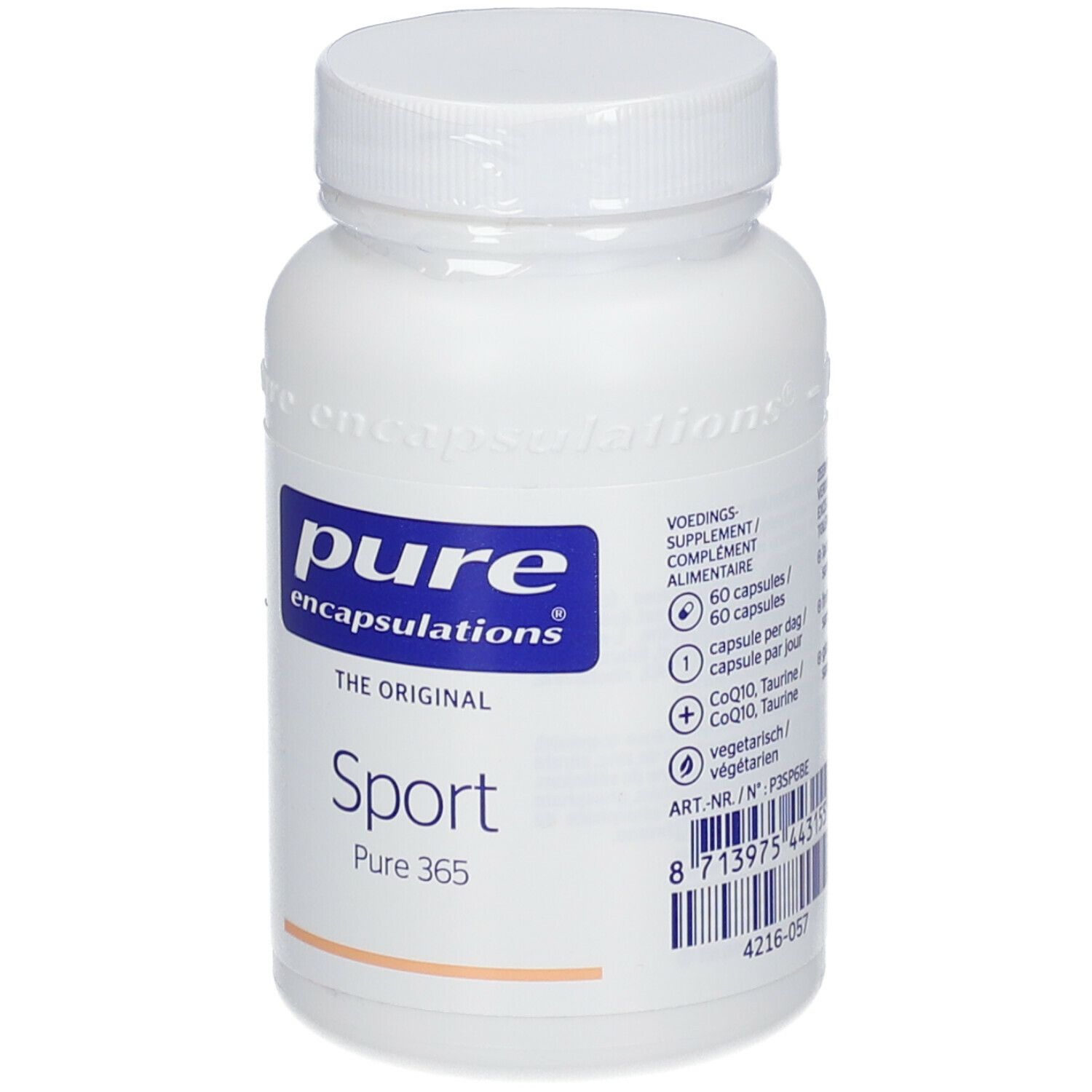 Witte fles met blauw etiket. Opschrift: pure encapsulations, Sport, Pure 365. 60 capsules. Barcode.