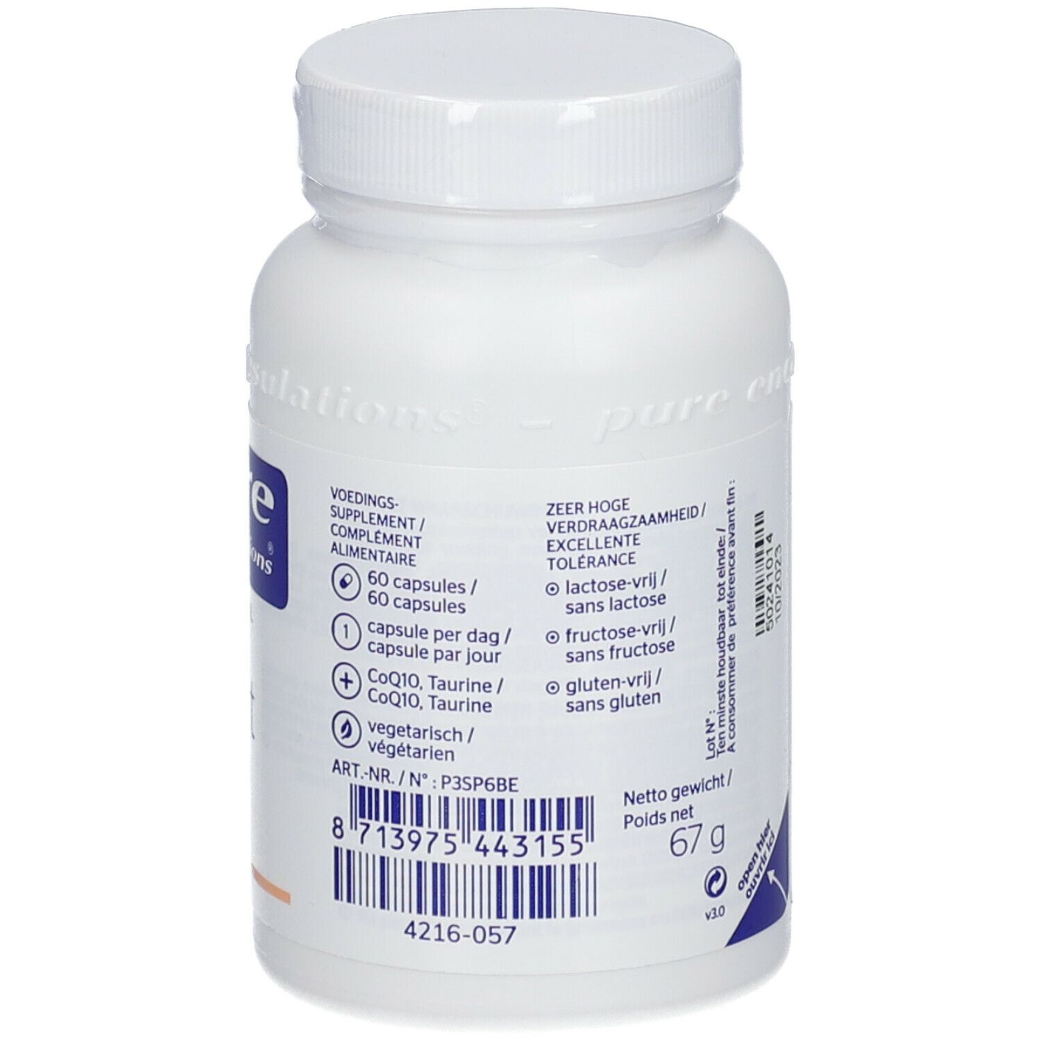 Achterkant van de witte fles. 60 capsules. Glutenvrij, lactosevrij, fructosevrij. Gewicht: 67 g. Barcode.