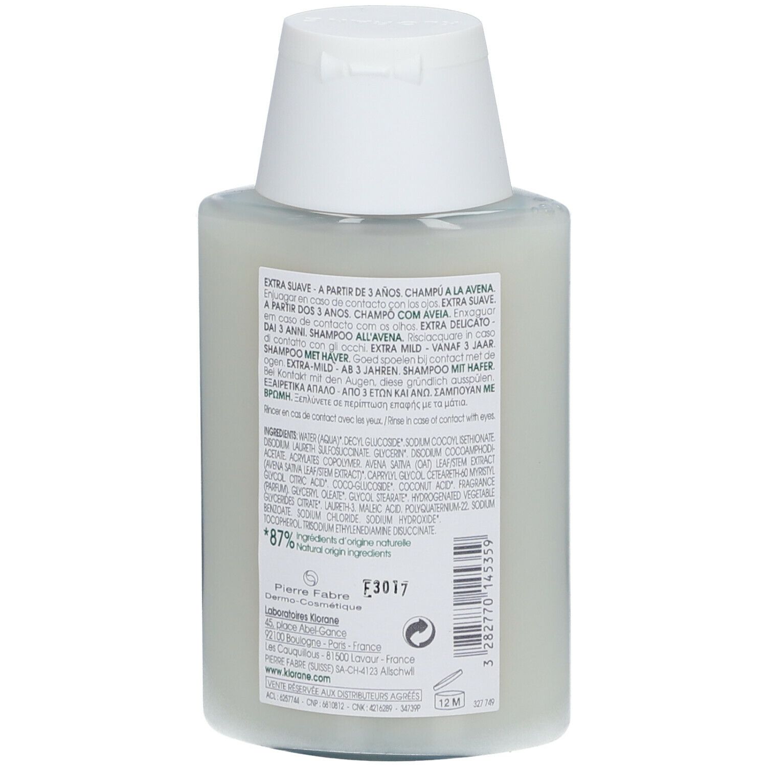 Flacon de shampooing Klorane à l'avoine. Vue arrière. Bouchon blanc, étiquette avec ingrédients et informations. 100 ml.
