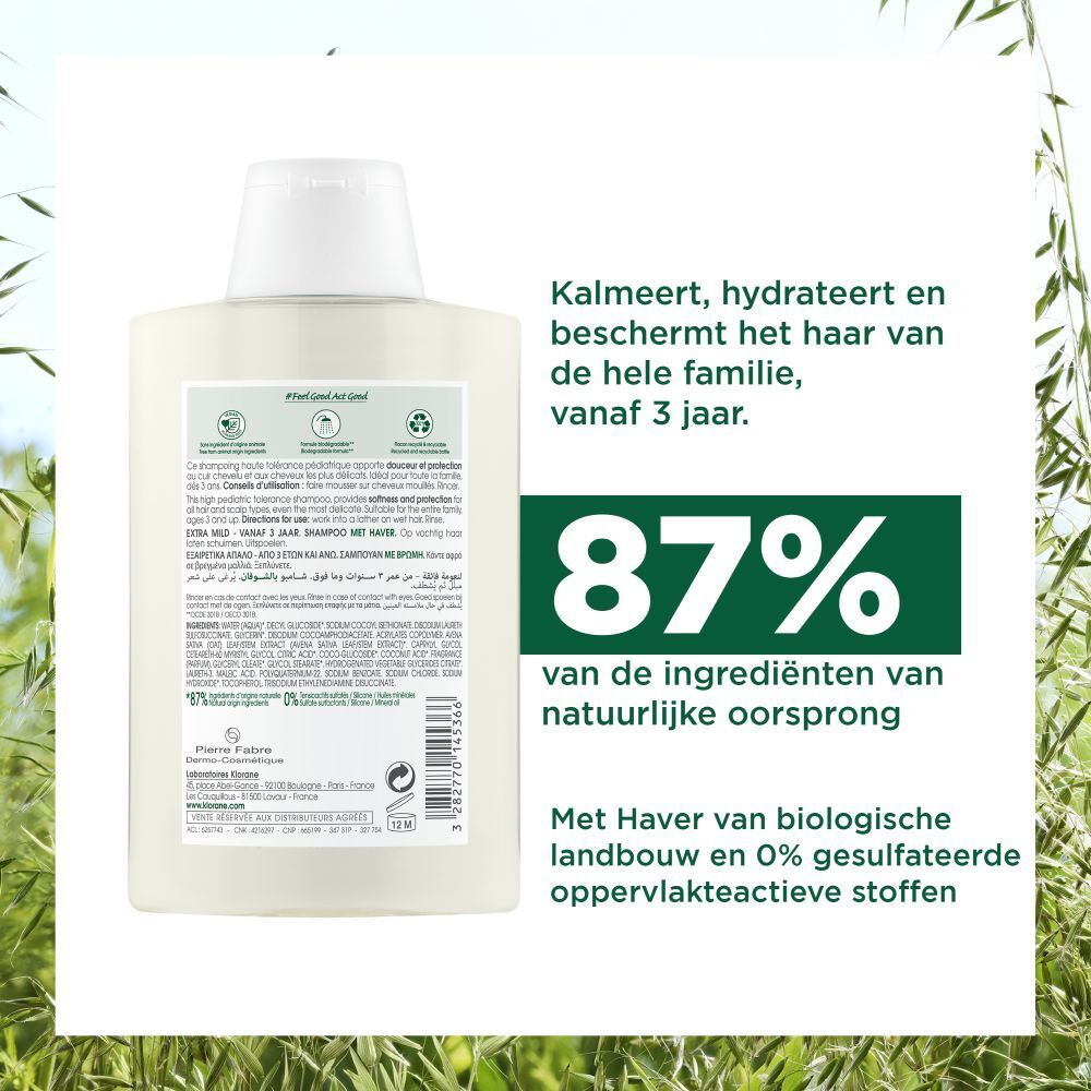 Achterkant van de Klorane shampoo fles. Tekst met productinformatie, ingrediënten en certificeringen. Wit ontwerp.