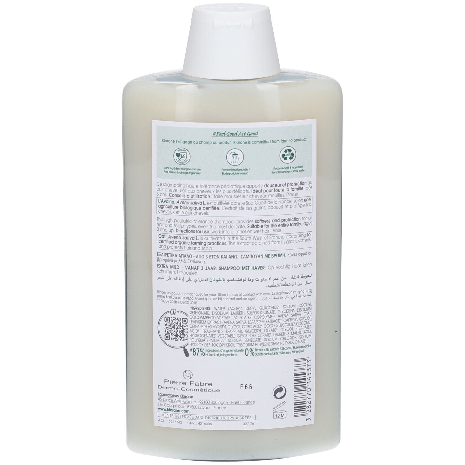 Rückseite der Klorane Shampoo Hafermilch Flasche. Text und Logos. 87% natürliche Inhaltsstoffe, recycelbar, vegan.