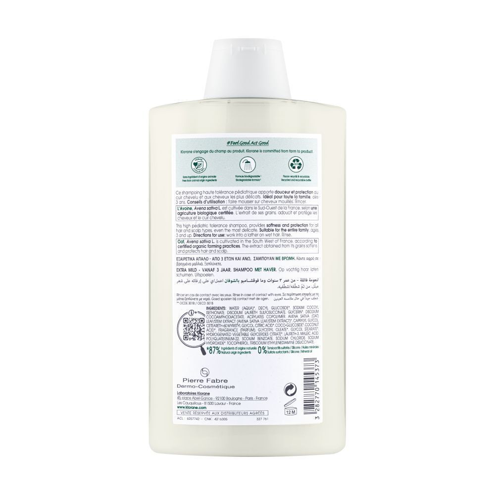 Dos du flacon de shampooing Klorane à l'avoine. Texte et logos. 87% ingrédients naturels, recyclable, vegan.