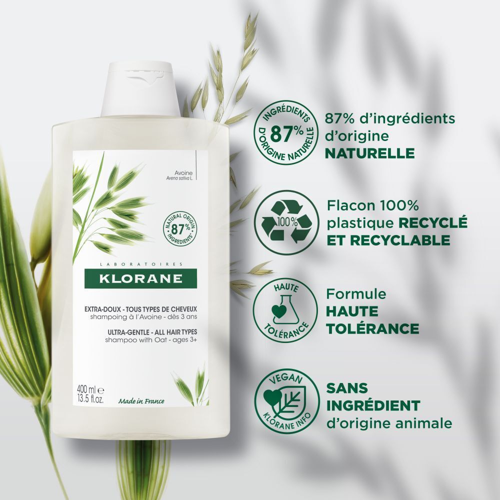 Flacon de shampooing Klorane avec logos. 87% ingrédients naturels, recyclable, vegan. Haute tolérance.