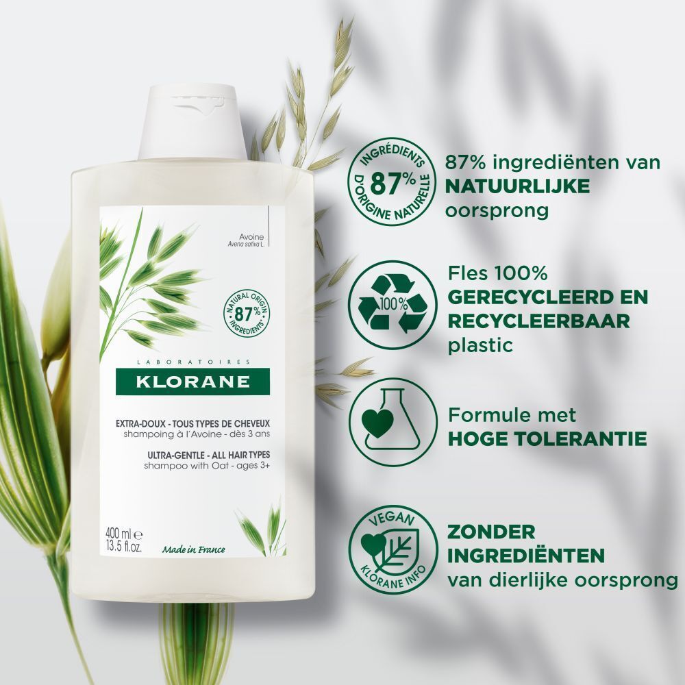 Klorane Shampoo Hafermilch fles met logo's. 87% natuurlijke ingrediënten, recyclebaar, vegan. Hoge tolerantie.