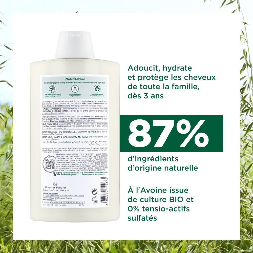 Dos du flacon de shampooing Klorane à l'avoine. Texte et logos. 87% ingrédients naturels, recyclable, vegan.
