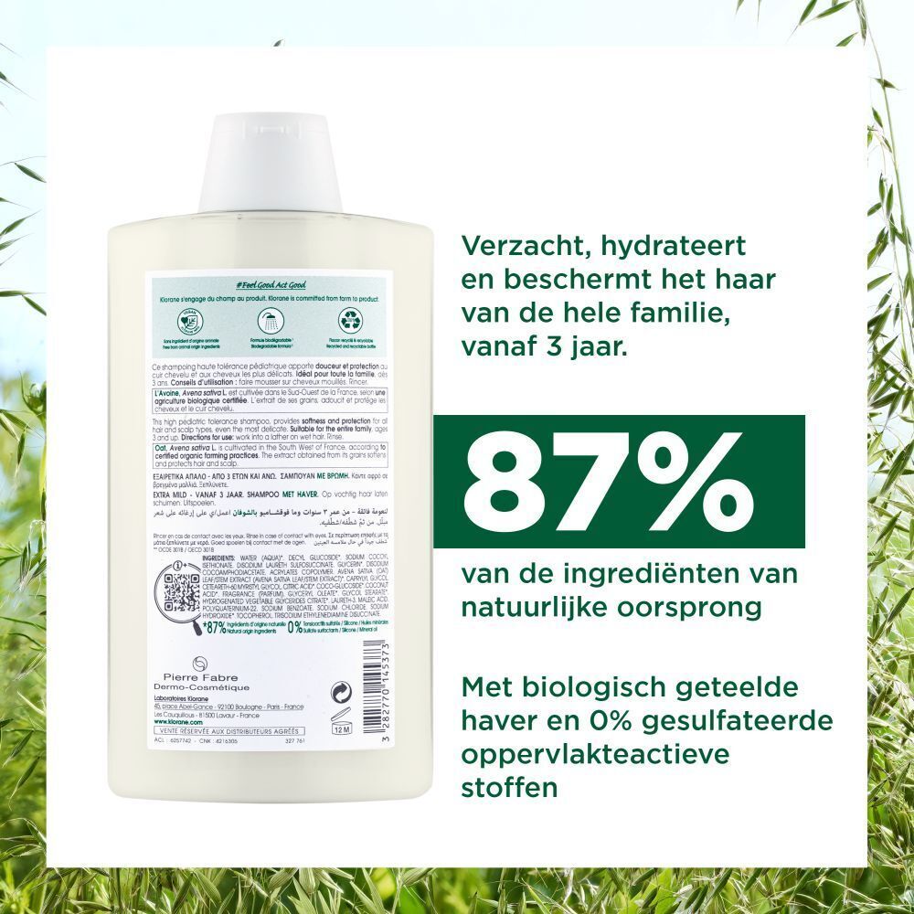 Achterkant van de Klorane Shampoo Hafermilch fles. Tekst en logo's. 87% natuurlijke ingrediënten, recyclebaar, vegan.