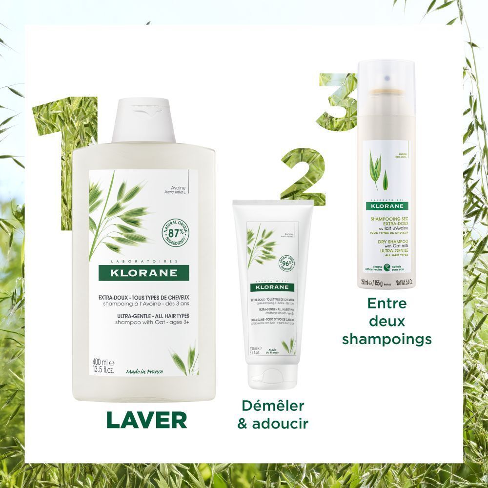 Produits Klorane: shampooing, après-shampooing, shampooing sec. Texte: Laver, Démêler & adoucir, Entre deux shampooings.