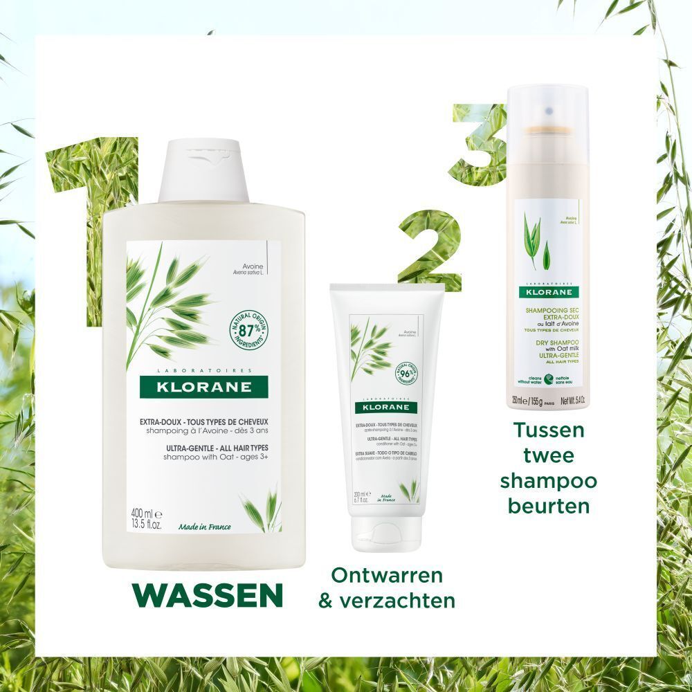 Klorane producten: shampoo, conditioner, droogshampoo. Tekst: Wassen, Ontwarren & verzachten, Tussen twee shampoo beurten.