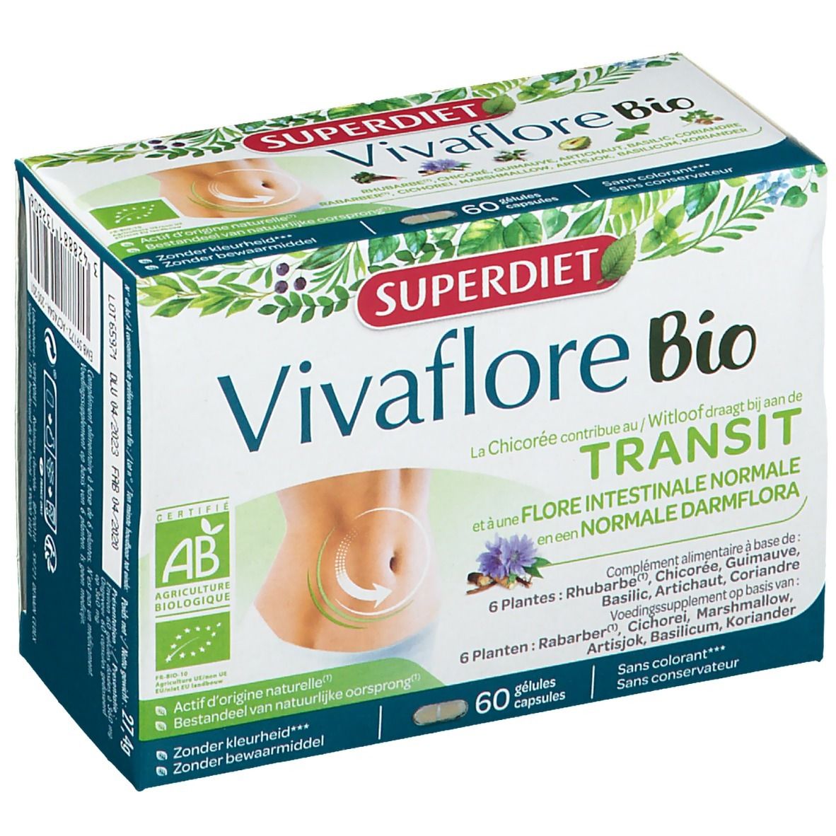Boîte de Superdiet Vivaflore Bio. Contient 60 gélules. Certification bio. Texte en allemand, français et néerlandais.