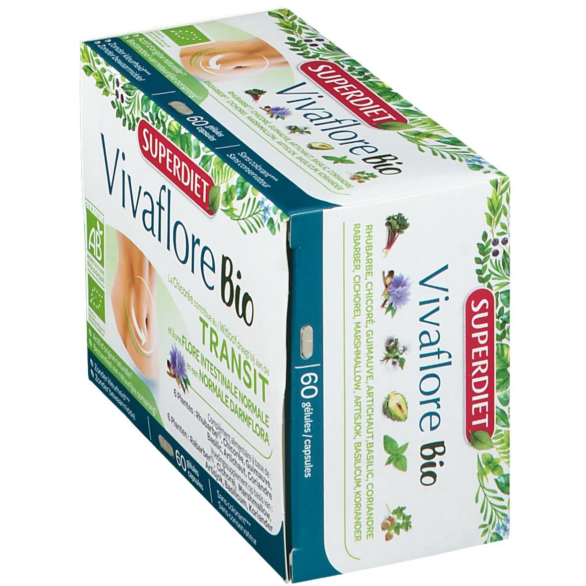 Vue en biais de la boîte Superdiet Vivaflore Bio. 60 gélules. Certification bio. Texte en allemand, français et néerlandais.