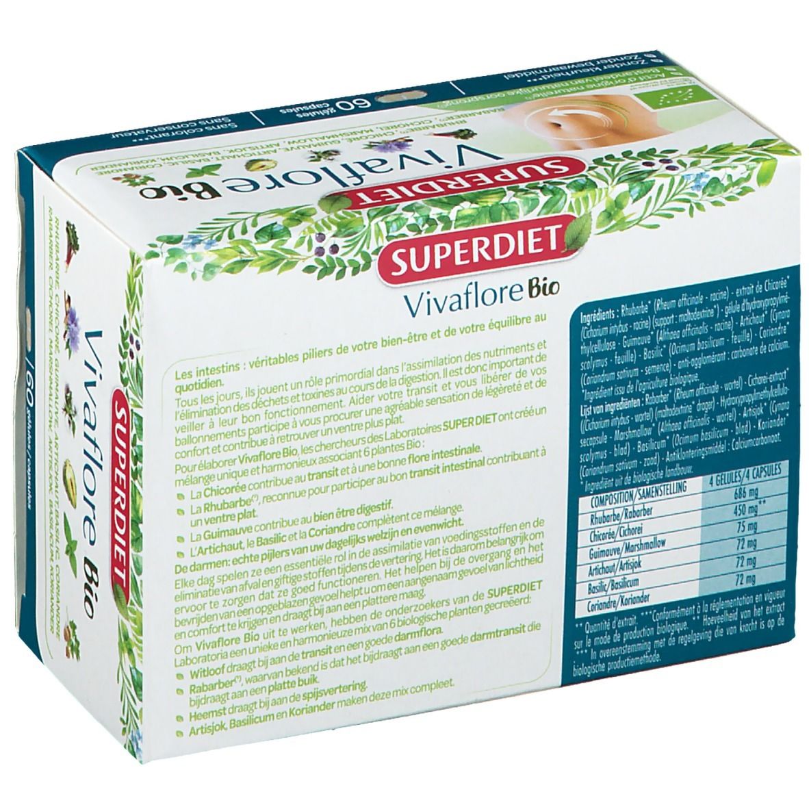 Dos de la boîte Superdiet Vivaflore Bio. Contient des informations sur les ingrédients et la valeur nutritionnelle. 60 gélules.