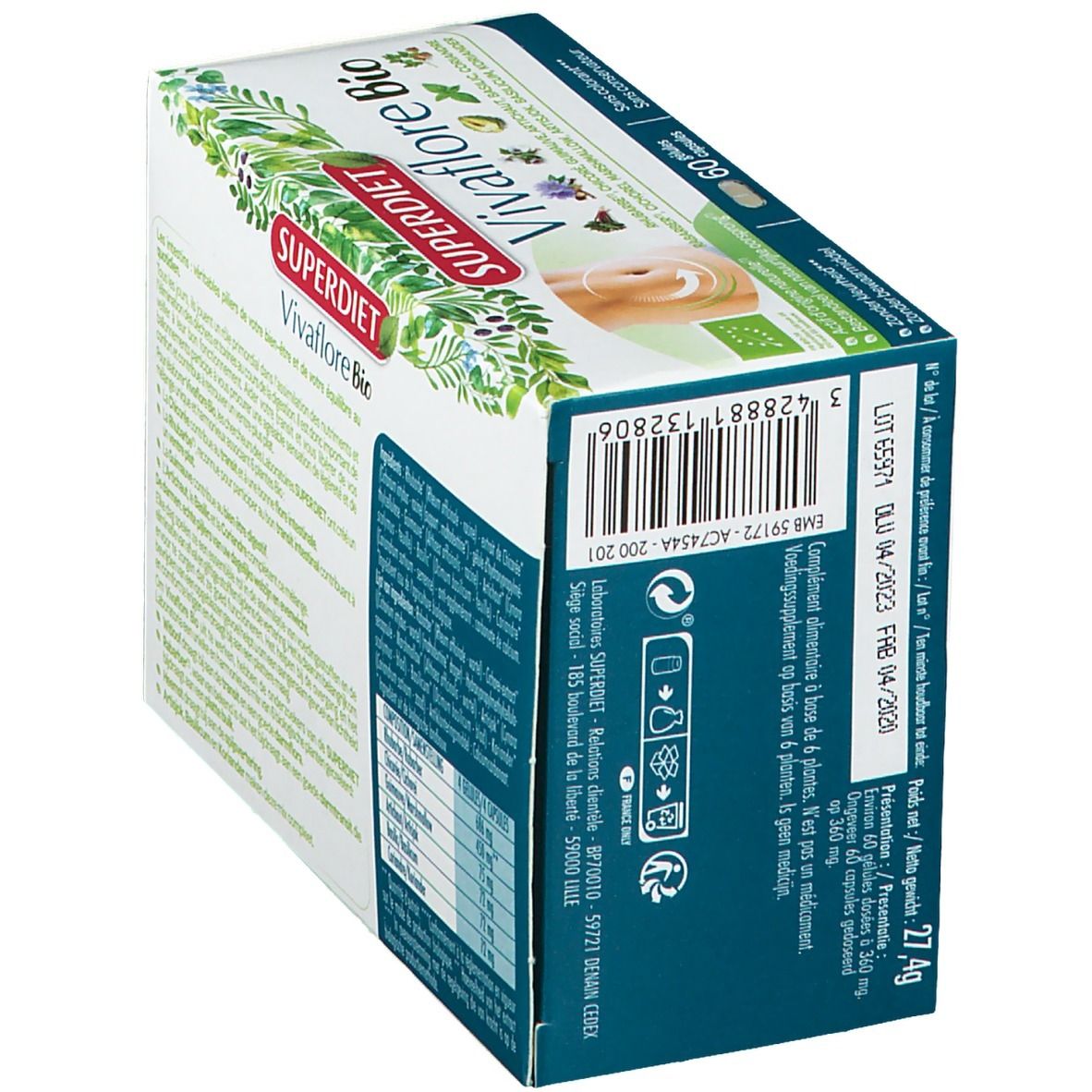Vue en biais de la boîte Superdiet Vivaflore Bio. Contient des informations sur les ingrédients et la valeur nutritionnelle. 60 gélules.