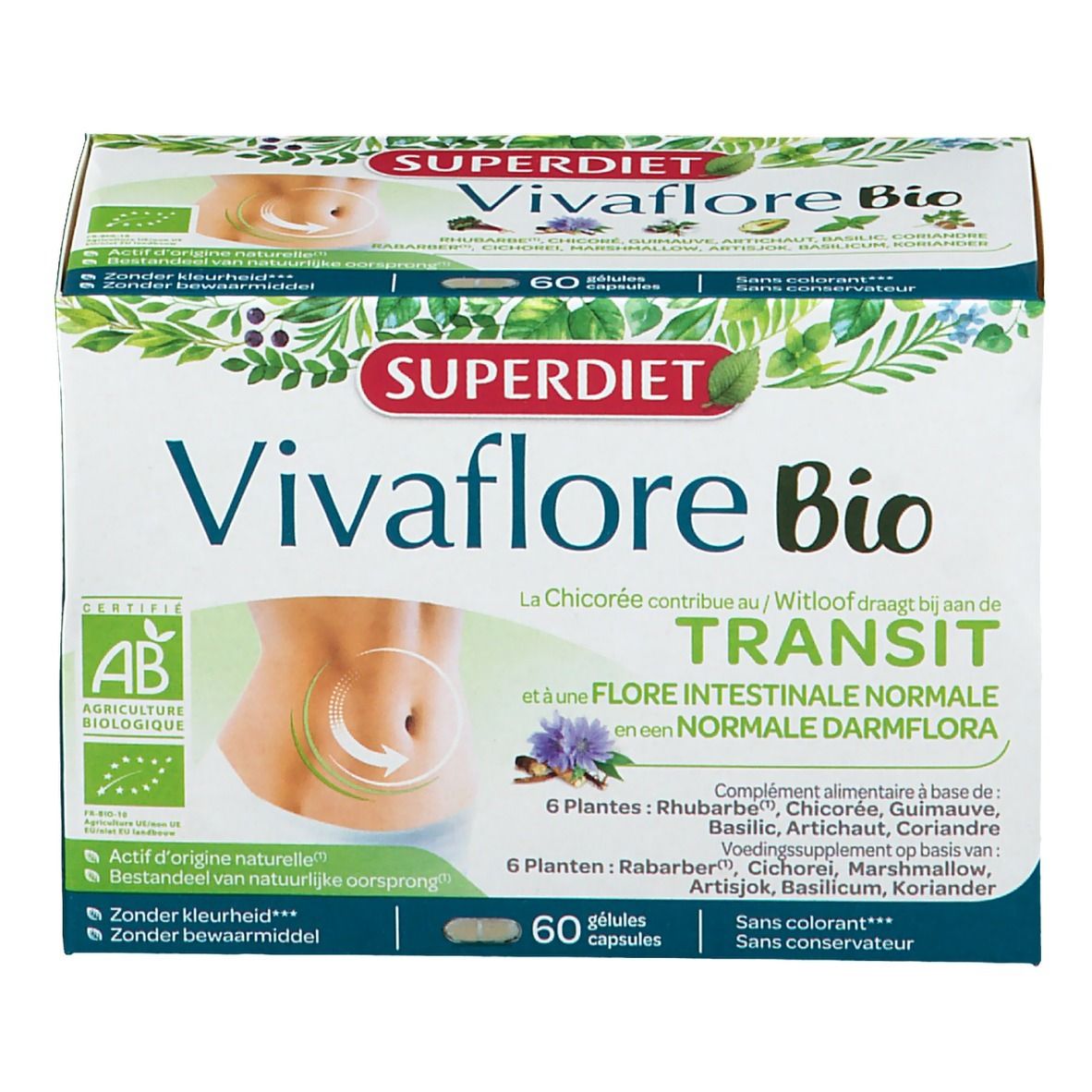 Boîte de Superdiet Vivaflore Bio. 60 gélules. Certification bio. Texte en allemand, français et néerlandais.