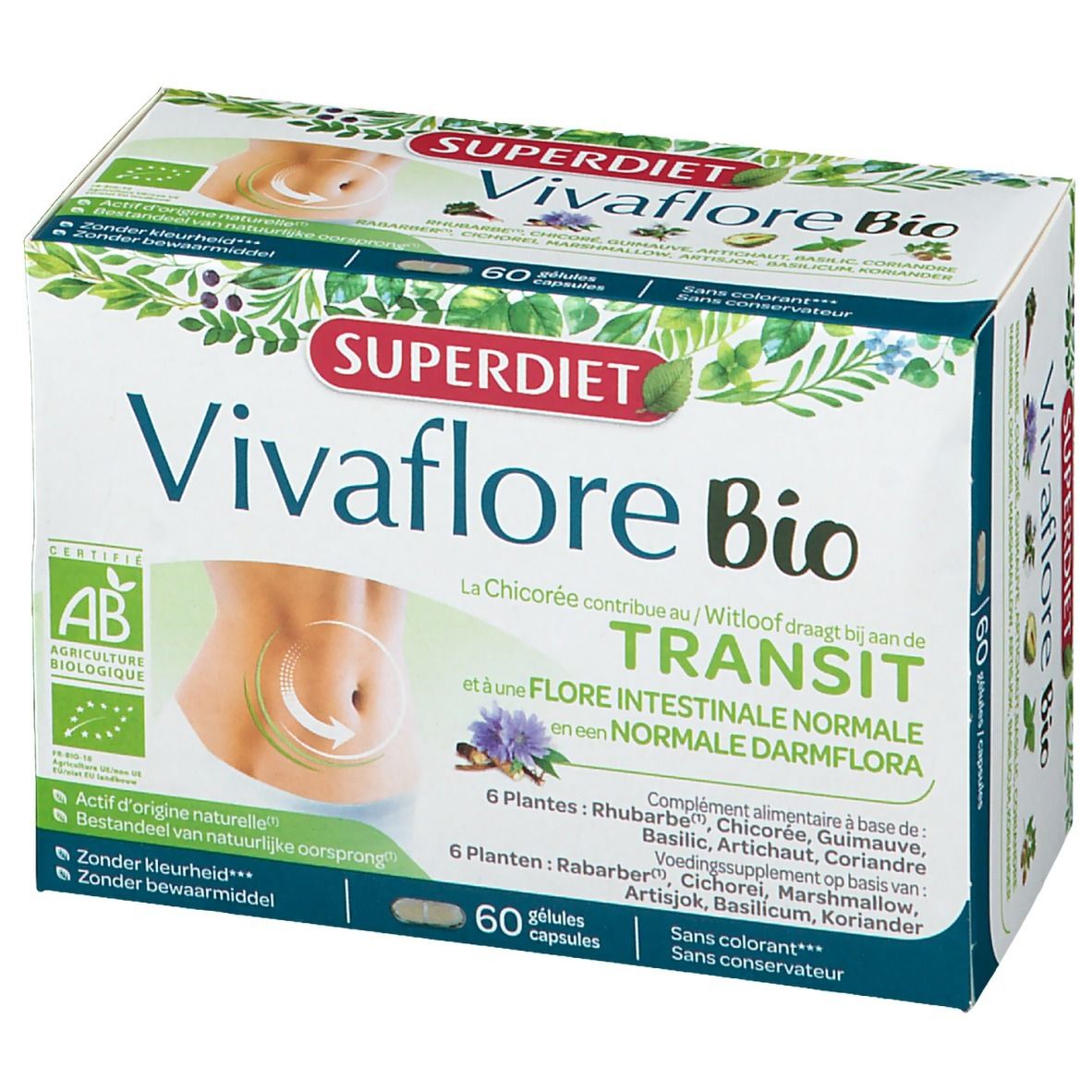 Boîte de Superdiet Vivaflore Bio. 60 gélules. Certification bio. Texte en allemand, français et néerlandais.