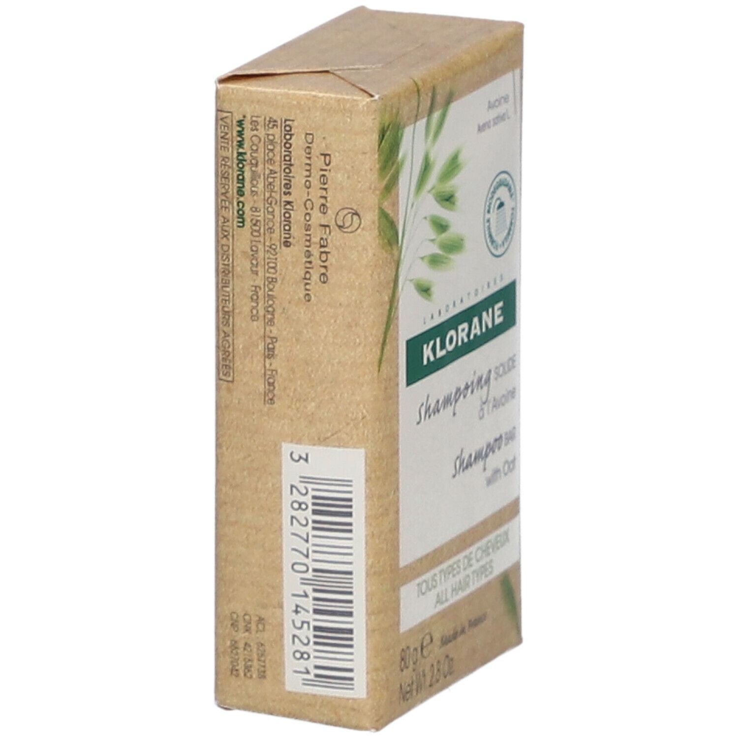 Klorane Shampoo Bar. Zijaanzicht van de verpakking. Barcode en informatie. Opschrift: Shampooing solide à l'Avoine, met haver. Alle haartypes.