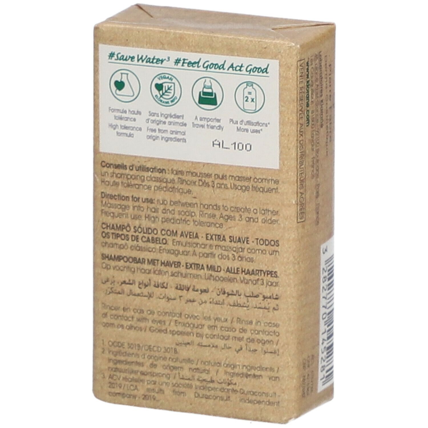 Achterkant van de Klorane Shampoo Bar verpakking. Tekst met instructies en ingrediënten. Logo's #SaveWater, vegan, etc. AL100.
