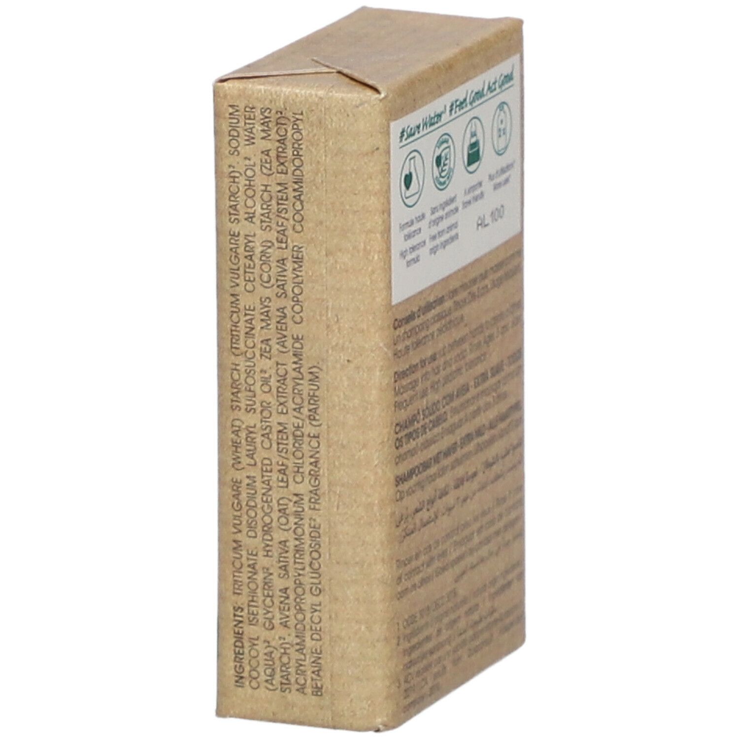Klorane Shampoo Bar verpakking. Zijaanzicht met ingrediënten. Logo's #SaveWater, vegan, etc. HL100.