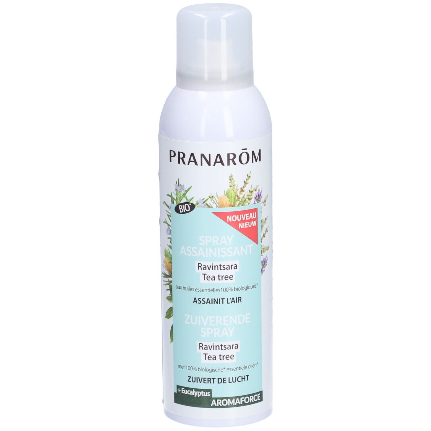 Witte sprayfles met PRANARÔM, BIO-label. Tekst: Spray assainissant, Ravintsara Tea tree, ZUIVERENDE SPRAY.
