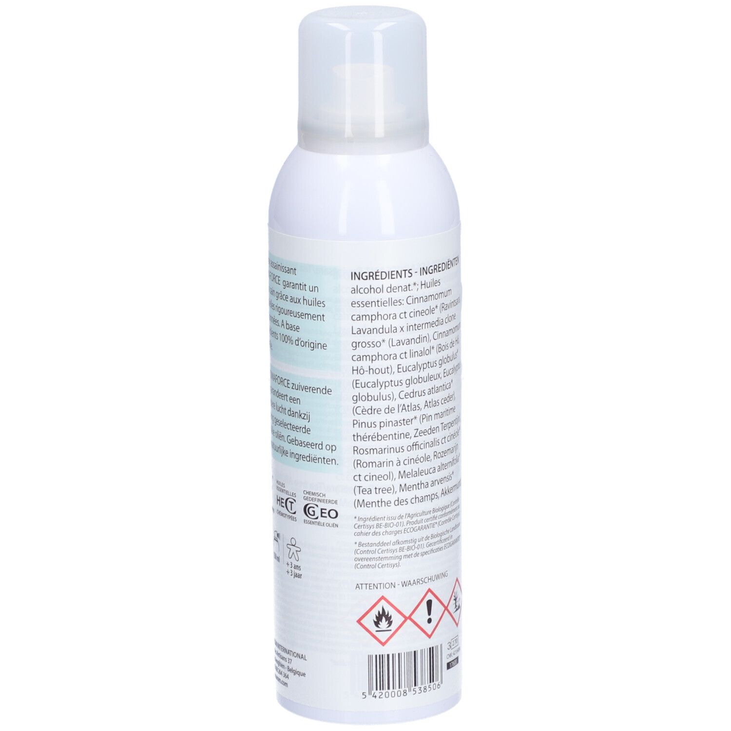 Witte sprayfles, zijaanzicht. Tekst: Ingrediënten, waarschuwingen, gevarensymbolen. Barcode en certificeringen.