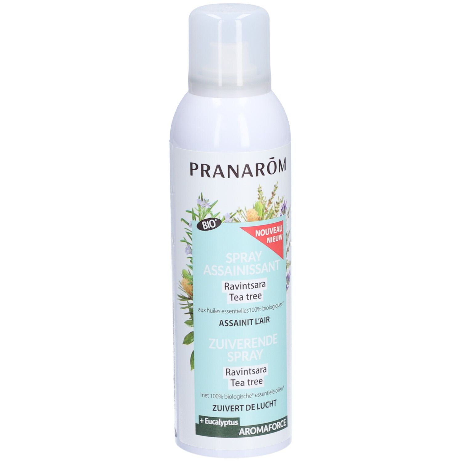Witte sprayfles met PRANARÔM, BIO-label. Tekst: Spray assainissant, Ravintsara Tea tree, ZUIVERENDE SPRAY.