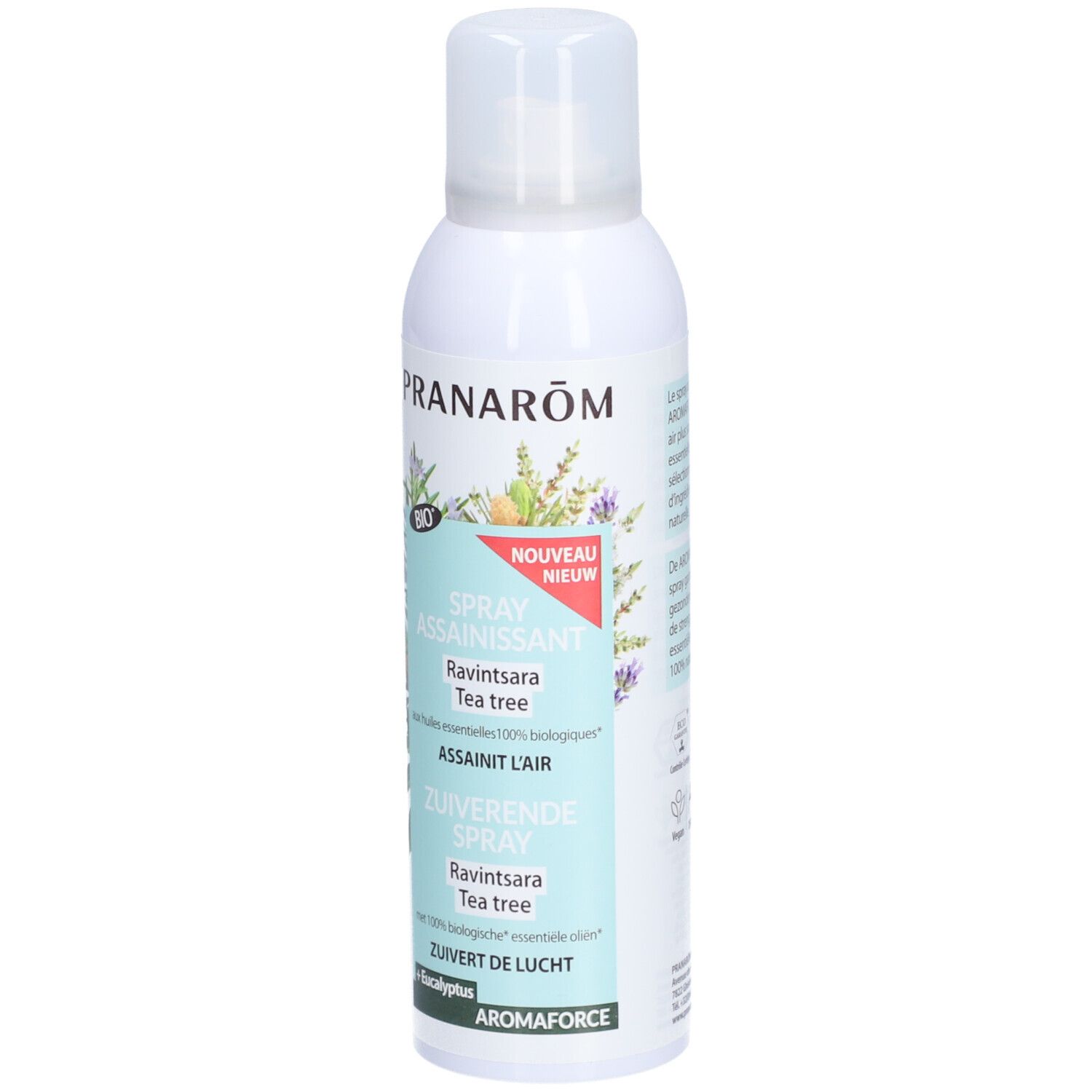 Witte sprayfles met PRANARÔM, BIO-label. Tekst: Spray assainissant, Ravintsara Tea tree, ZUIVERENDE SPRAY.