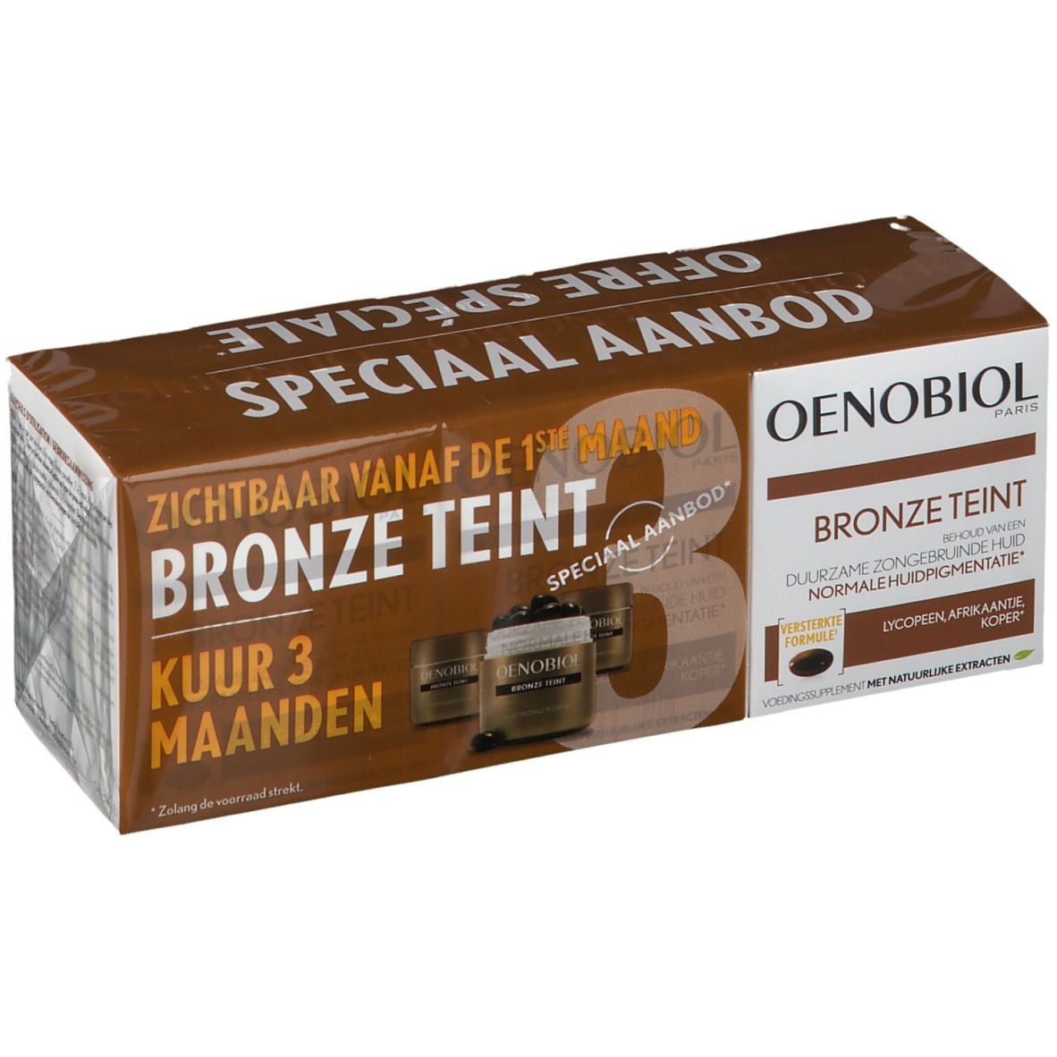 Bruine verpakking met productnaam en logo. Tekst: Bronze Teint, Kuur 3 maanden. Oenobiol.