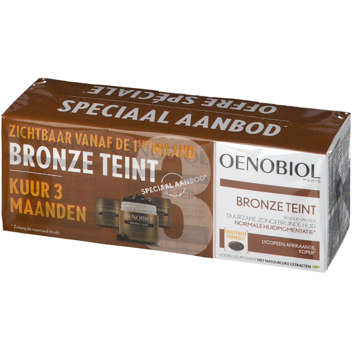 Bruine verpakking met productnaam en logo. Tekst: Bronze Teint, Kuur 3 maanden. Oenobiol.