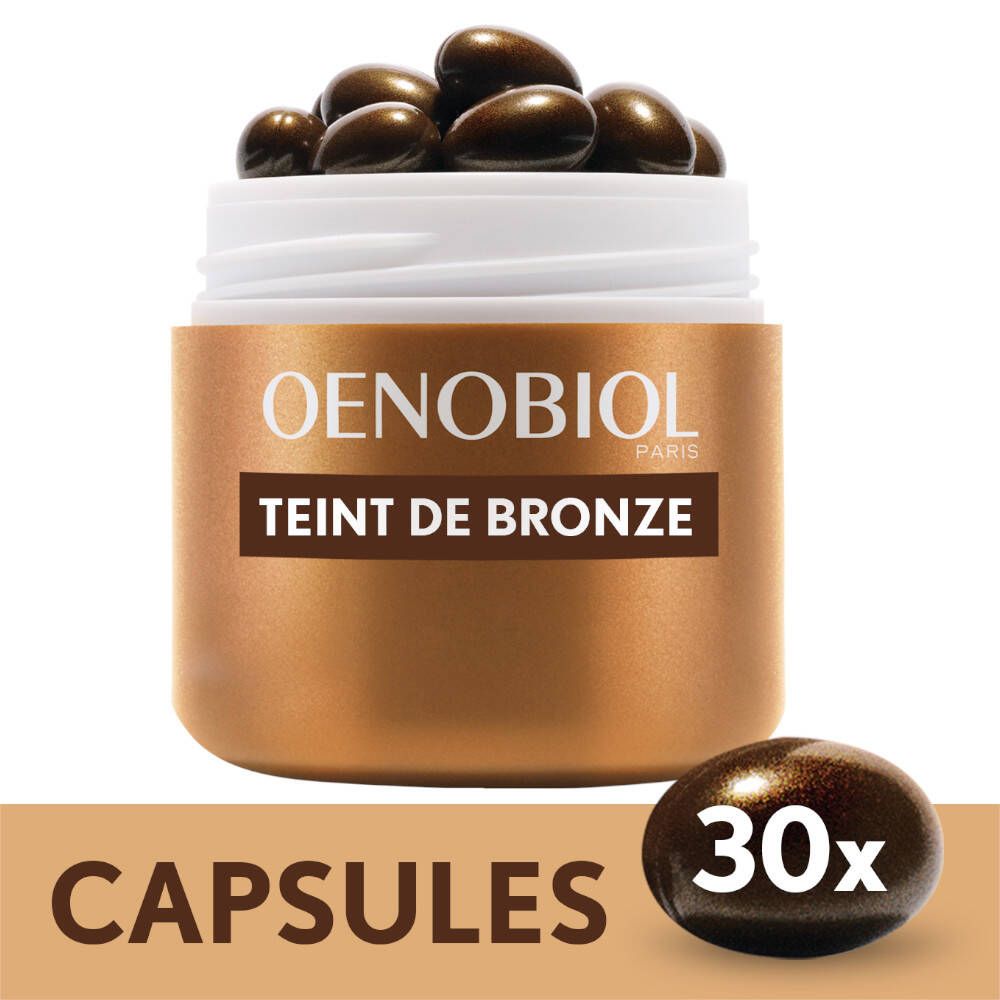 Bruine capsules in een bruine pot. Opschrift: Oenobiol, Teint de Bronze. 30 capsules.